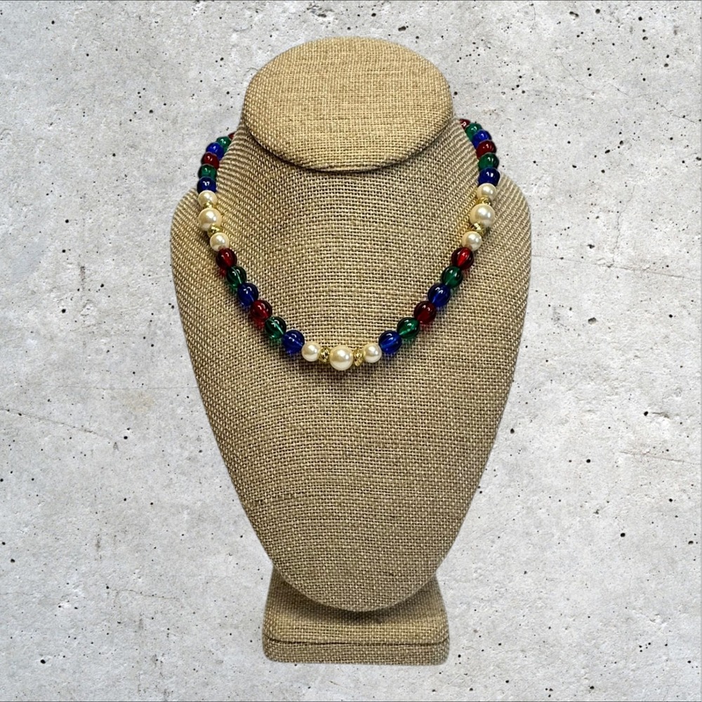 Vintage 16" Multicolor Beaded Necklace Red Blue Green Pearl Gold Tone
